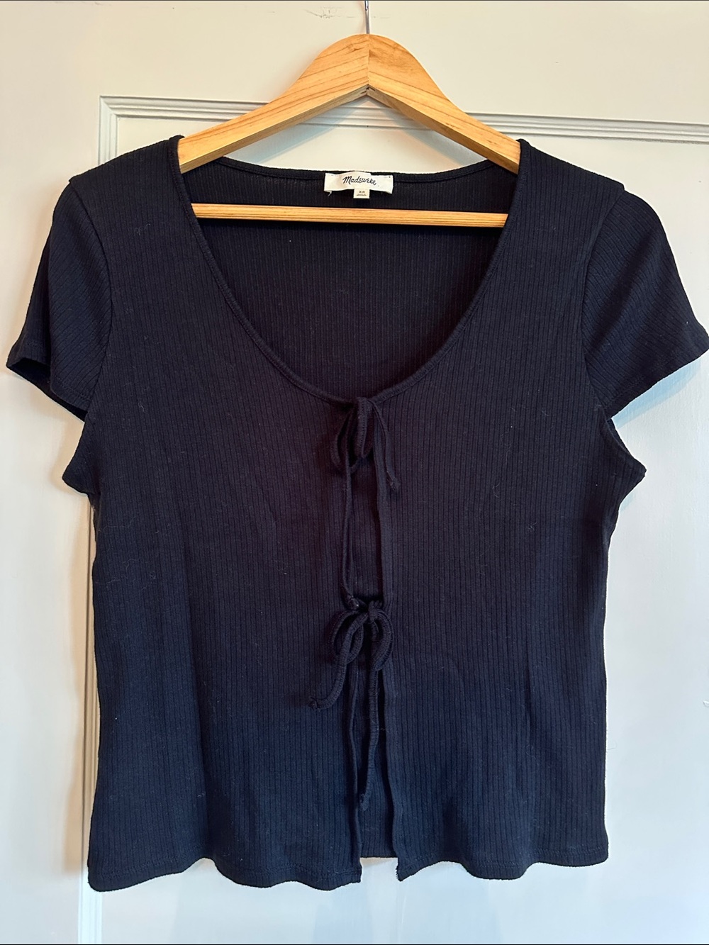 Madewell Black Ribbed Tie-Front Short Sleeve Tee